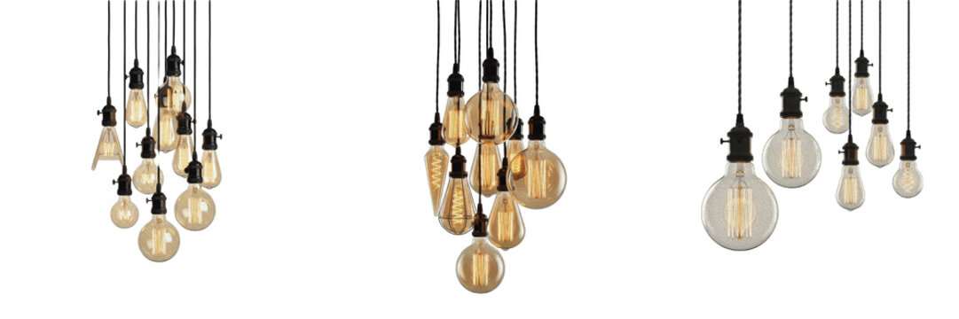 Isolated Vintage Edison Light Bulbs Chandelier Set Hanging Industrial Filament Lamps Decorative PNG Element for Interior Design and Luxury Lighting