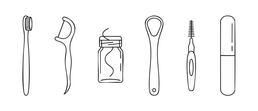 Dental Hygiene Oral Care Icons Set for Daily Routine and Teeth Cleaning. Vector illustration of toothbrush, dental floss, interdental brush, and tongue scraper for health and medical infographic desig