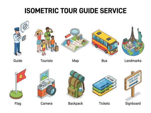 Isometric tour guide service icons for travel and tourism industry with various travel-related elements