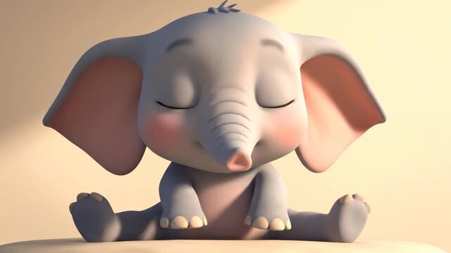 Adorable baby elephant with big eyes and floppy ears sitting down.