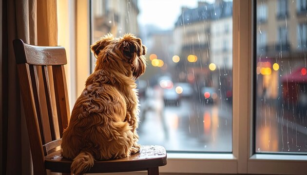 ブリュッセルグリフォン後ろ姿と雨の窓辺