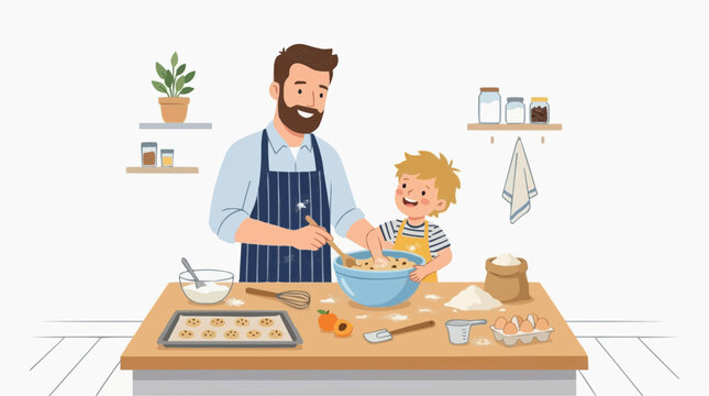Father and son happily baking cookies together in a bright kitchen, mixing dough and enjoying family time