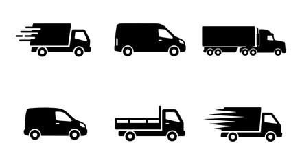 Fototapeta premium Delivery Truck Icons Set, Cargo Van Vector Graphics, Freight Vehicle Silhouettes