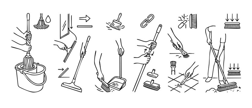 Cleaning Service Icon Set, Housekeeping Tasks and Maintenance Tools Line Art Vector Illustration showing Mopping, Sweeping, Squeegee Window Cleaning, Scrubbing Floors and Equipment Assembly Instructio