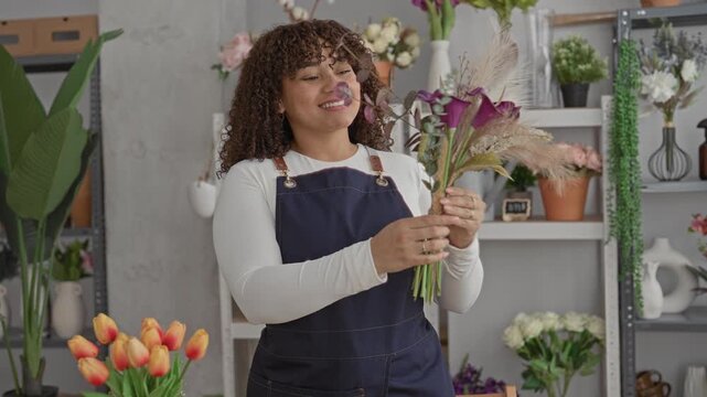 Hispanic woman florist in navy apron arranging bouquet with purple calla lilies, pampas grass and tulips, holding stems and smiling in studio; creative care serenity.