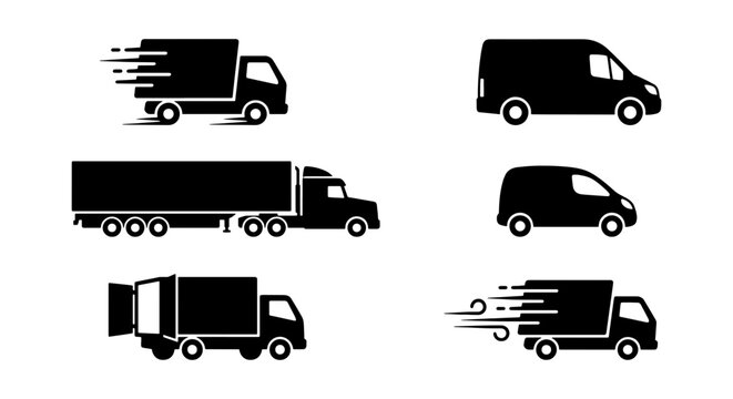 Delivery Truck Icons Set, Cargo Van Silhouettes, Logistics Vehicle Collection