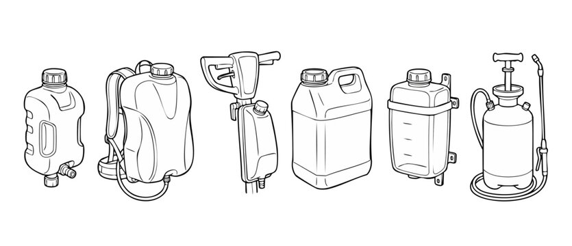 Sprayer bottles and industrial tanks outline set, portable chemical containers and agricultural equipment icons for farming, gardening, construction and pest control maintenance professional tools col