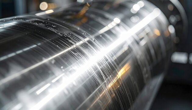 A highly reflective, gleaming chrome-plated metal cylinder with subtle imperfections and bright light reflections