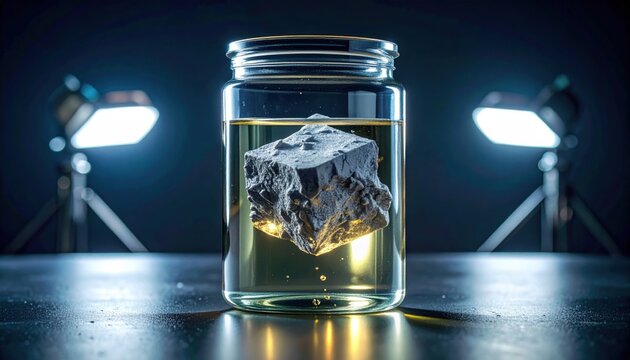 A dull grey cube of elemental sodium submerged in a clear liquid inside a glass jar with laboratory lighting