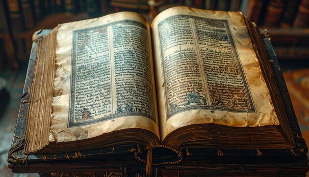 An ancient open codex revealing ornate illustrations and detailed text from history, a window into forgotten knowledge.