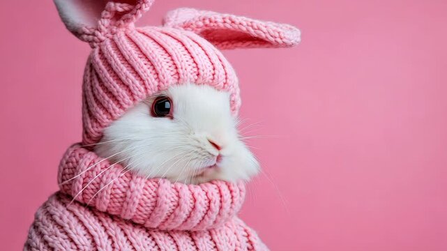 Close up of charming white rabbit in snug pink knitted beanie with bunny ears and cozy neckwear