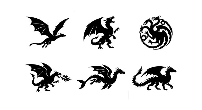 Dragon Silhouettes Vector Set, Mythical Creatures, Fantasy Icons