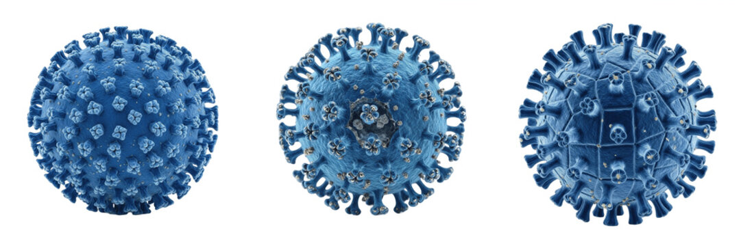 Blue virus cell microscopic organism premium PNG stock photo, realistic coronavirus pathogen structure medical science element isolated on white background
