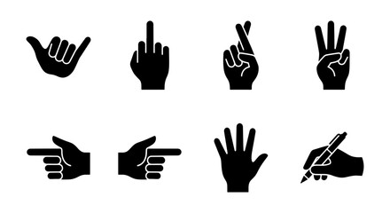 Obraz premium Hand Gestures Icons Set: Shaka, Middle Finger, Crossed Fingers, Counting, Pointing, Open Palm, Writing
