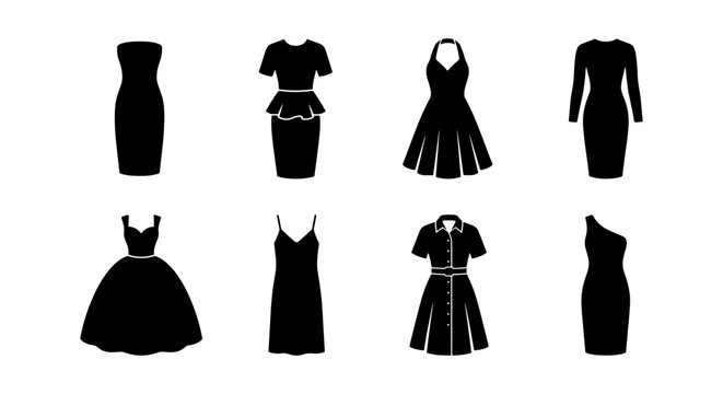 Black Dresses Vector Icons, Fashion Silhouettes, Elegant Apparel Collection
