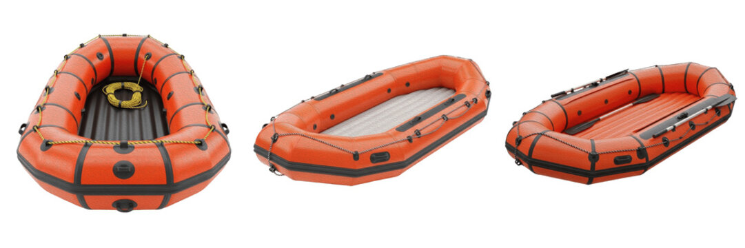 Orange inflatable boat dinghy life raft premium PNG stock photo, realistic rubber rescue watercraft marine vessel isolated on white background asset