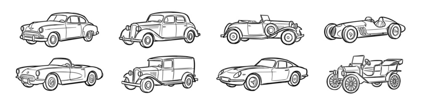 Classic vintage cars collection line art, automotive history, transportation design, racing and retro cars vector illustration
