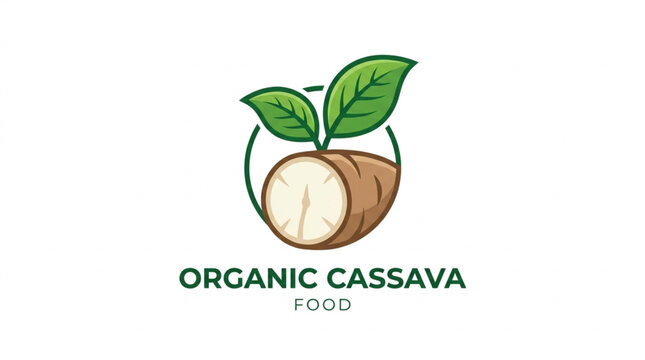 Organic Cassava Root with Green Leaves Logo.