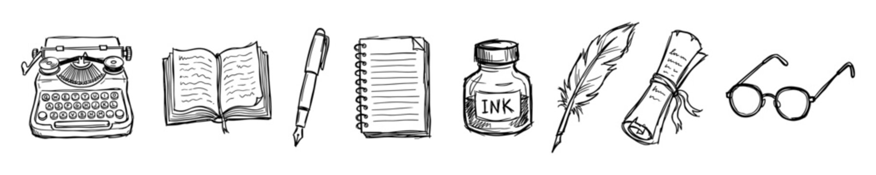 Writing and literature tools sketch set, typewriter, book, pen, notebook, ink, quill, scroll, glasses vector illustration