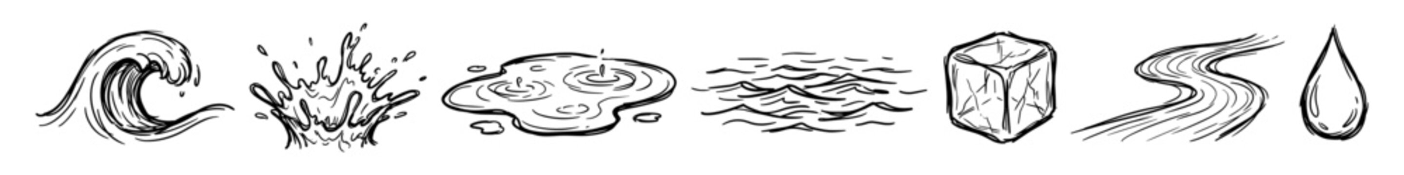 Water elements sketch set, wave, splash, puddle, sea, ice cube, river, droplet vector illustration