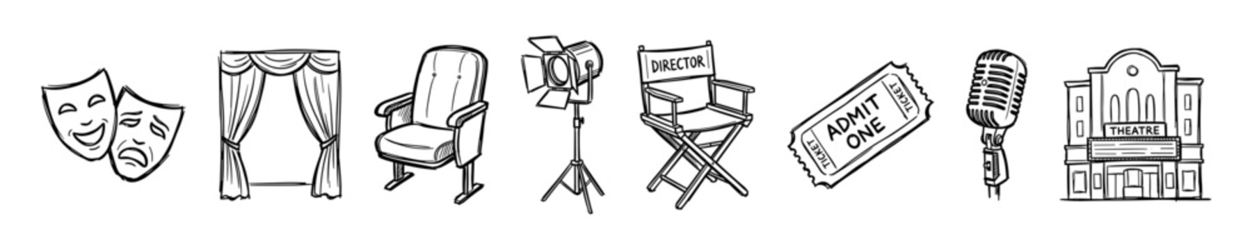 Theater and cinema icons sketch set, drama masks, stage curtains, theater seat, spotlight, director chair, ticket, microphone, theater building
