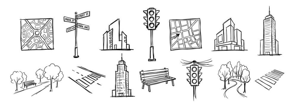City sketch icons set, street maps, crosswalk, traffic lights, buildings, street signs, park with bench