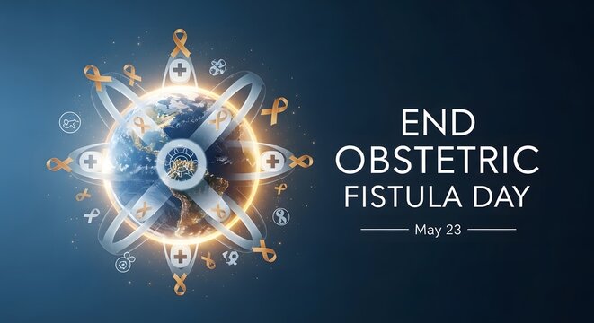 End obstetric fistula day awareness campaign with global healthcare symbolism