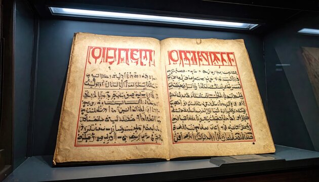 Open Coptic manuscript page displaying ancient red and black ink script on aged parchment, a historical document of cultural heritage