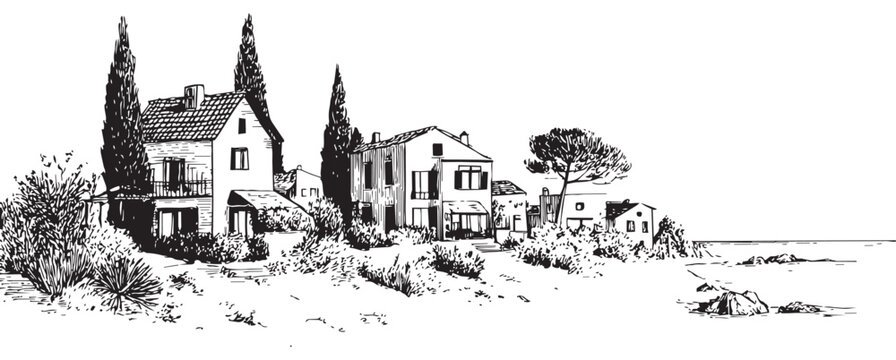Coastal cottage landscape sketch, beach house illustration, seaside vintage drawing