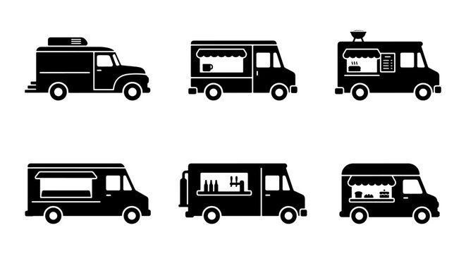 Food Truck Icons Set, Mobile Kitchen Vector Graphics, Street Food Van Collection