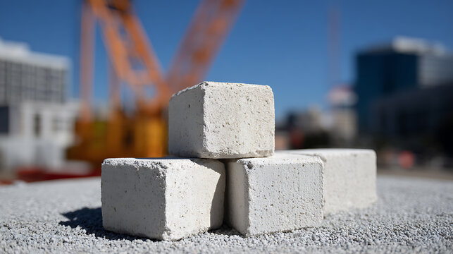 Four small concrete blocks on a gravel surface with a large orange construction crane and building in the distant background