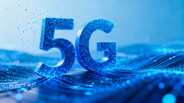 This 3D rendered 5G tech background features glittering blue digital particles and flowing data waves, showcasing futuristic wireless communication technology.