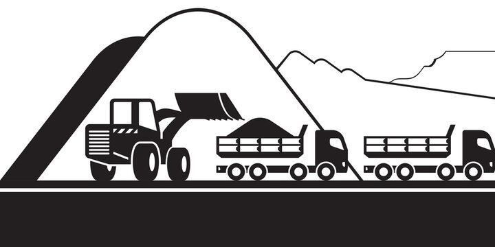 Earth mover loading dump trucks for different industries - vector illustration