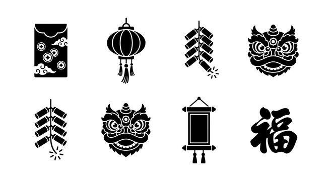 Chinese New Year Icons: Lanterns, Firecrackers, Lion Dance, Red Envelopes