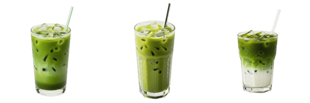 Matcha green tea latte glass premium PNG stock photo, realistic iced herbal beverage with straw isolated on white transparent background design asset
