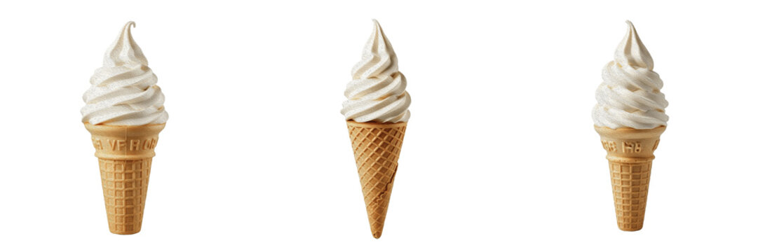 Soft serve vanilla ice cream cone premium PNG stock photo, realistic sweet dairy dessert waffle cone isolated on white transparent background asset