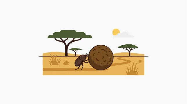 Dung Beetle Pushing Ball of Dung in African Savanna Landscape