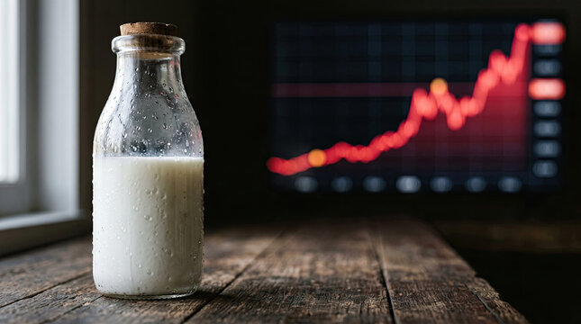 Milk Bottle Against Red Stock Market Chart Symbolizing Dairy Commodity Inflation and Food Price Volatility