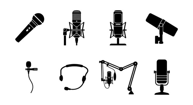 Microphone Icons Collection, Audio Recording Equipment Set, Sound Capture Vector Graphics