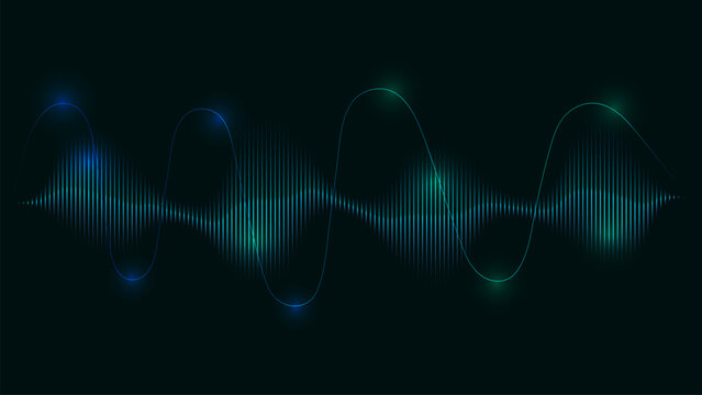 Abstract glowing sound wave vector illustration with neon blue audio frequencies on a dark background. Modern digital waveform design for music, technology, and communication themes.