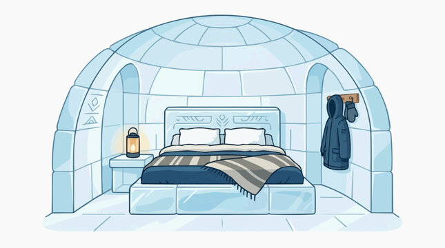 Cozy igloo interior with bed and warm clothing for arctic adventure