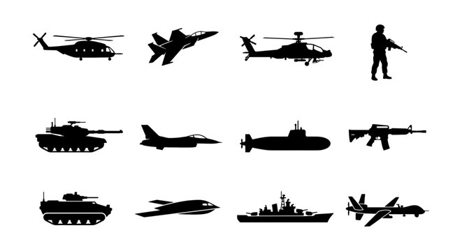 Military Vehicles and Soldier Icons: Air, Land, Sea Warfare Icons