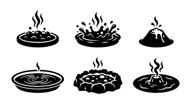 Hot Springs Icons, Geyser Symbols, Volcanic Vent Graphics, Bubbling Water