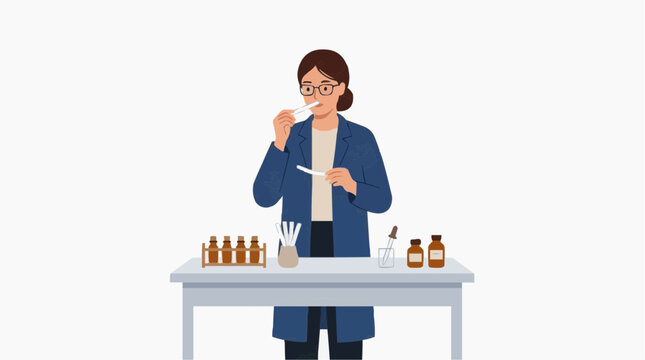 Perfumer testing scent strips with essential oils in laboratory setting