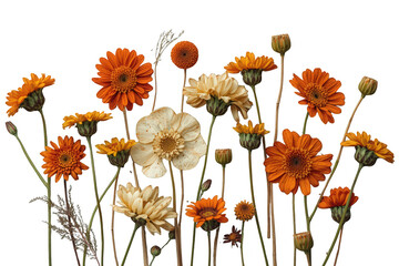 Fototapeta premium Autumnal floral arrangement featuring orange and white dried gerbera daisy flowers with transparent background