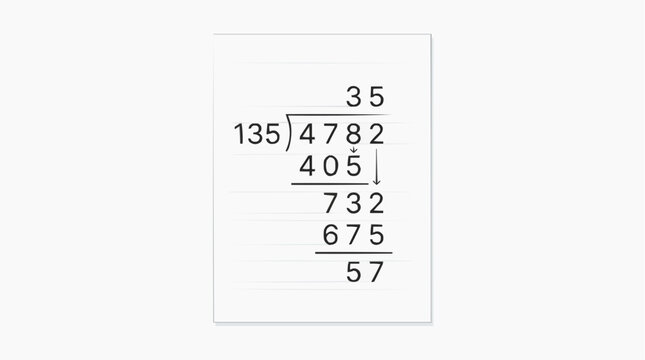 Long division calculation showing 4782 divided by 135 resulting in 35 with a remainder of 57