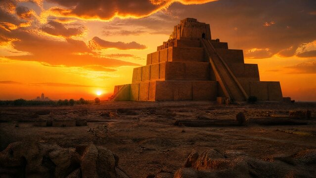 ziggurat. Massive stepped ziggurat silhouette under a sunset sky. inspiring travel planning, event programs, designed for cultural heritage projects and event programs, used by operations managers.