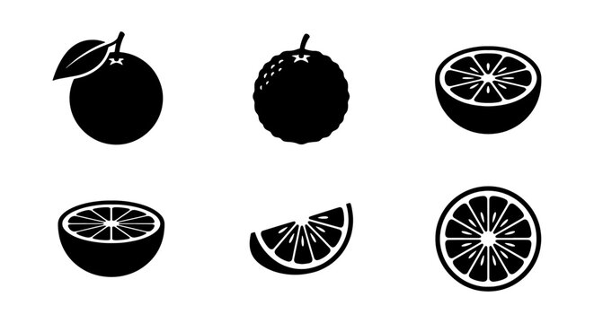 Orange Fruit Icons Set, Citrus Slices, Healthy Food Vector Graphics