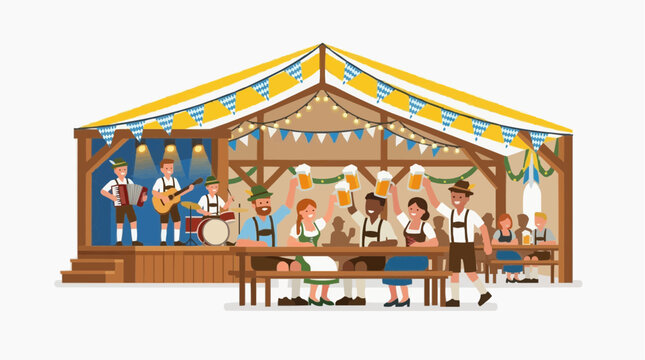 Oktoberfest celebration with band playing and people toasting beer mugs under a tent