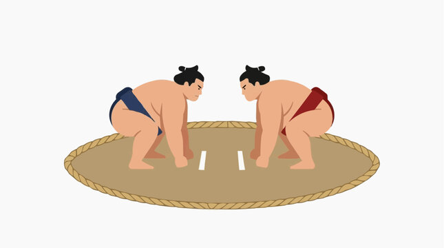 Two sumo wrestlers facing each other in a dohyo ready to compete